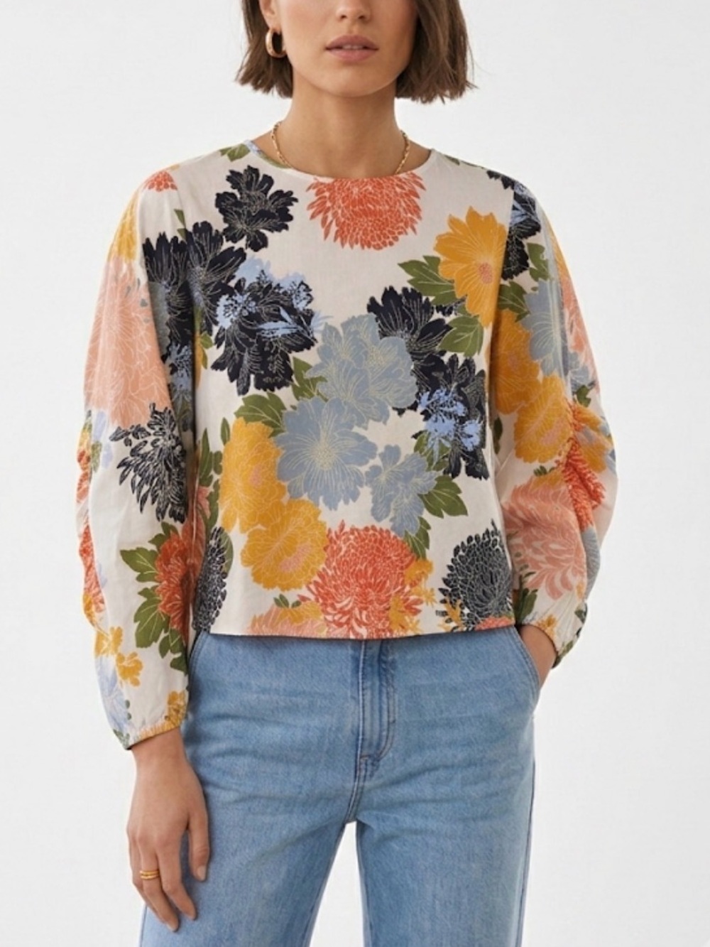 Zara Floral Drop-Shoulder Blouse in White with Multicolor Blooms